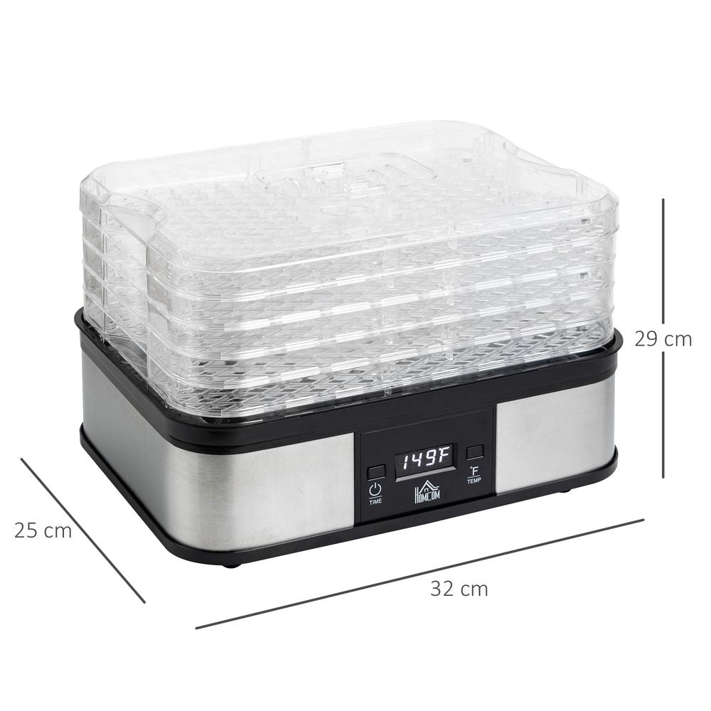 5 Tier Food Dehydrator 245W Stainless Steel Food Dryer Machine Timer LCD Silver