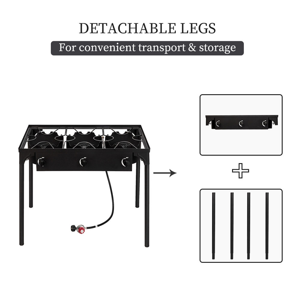 Outdoor Camp Stove High Pressure Propane Gas Cooker Portable Cast Iron Patio Cooking Burner (Three Burner 225000-BTU)