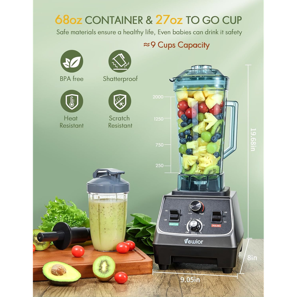 VEWIOR 2200W Blenders for Kitchen, Professional Blender with 68oz Tritan Container & 27oz To-Go Cup, Countertop Blender for Shakes and Smoothies