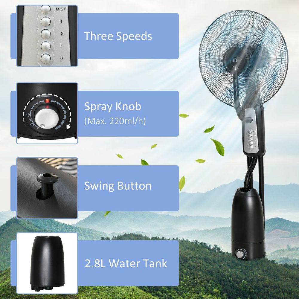 Pedestal Fan with Water Mist Spray Standing Fan w/ 2.8L Water Tank Black