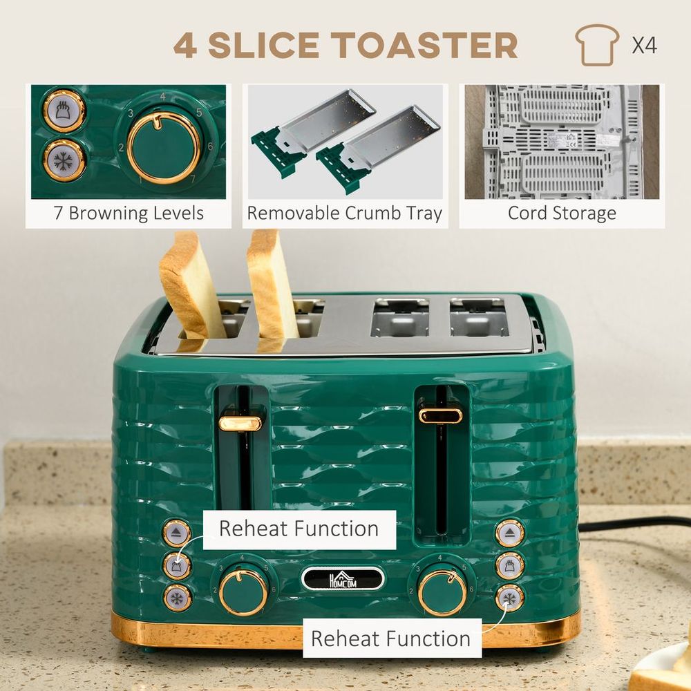 HOMCOM Kettle and Toaster Set 1.7L Rapid Boil Kettle & 4 Slice Toaster Green