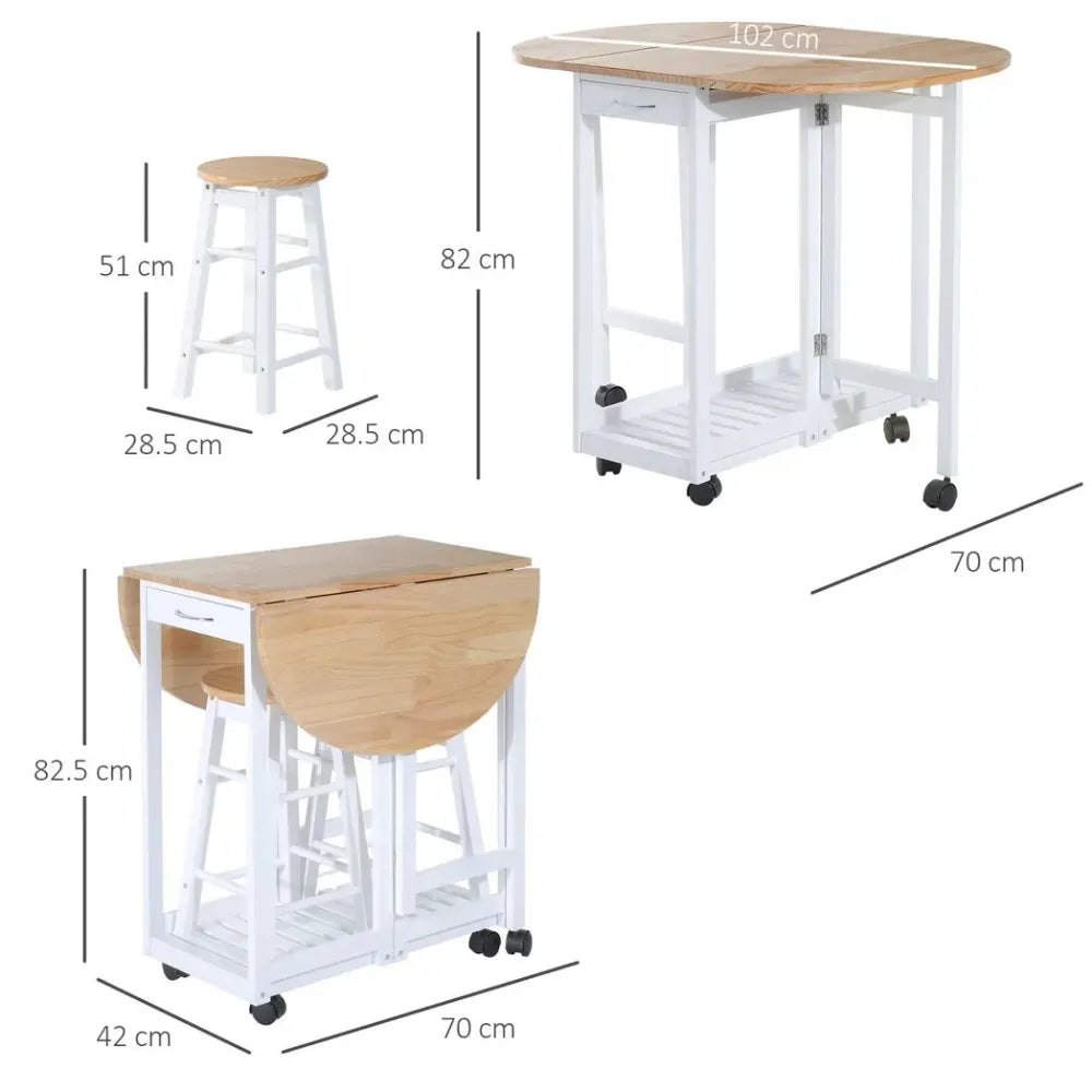 3pc Wooden Kitchen Cart Mobile Rolling Trolley Folding Stools Wheels Drawers