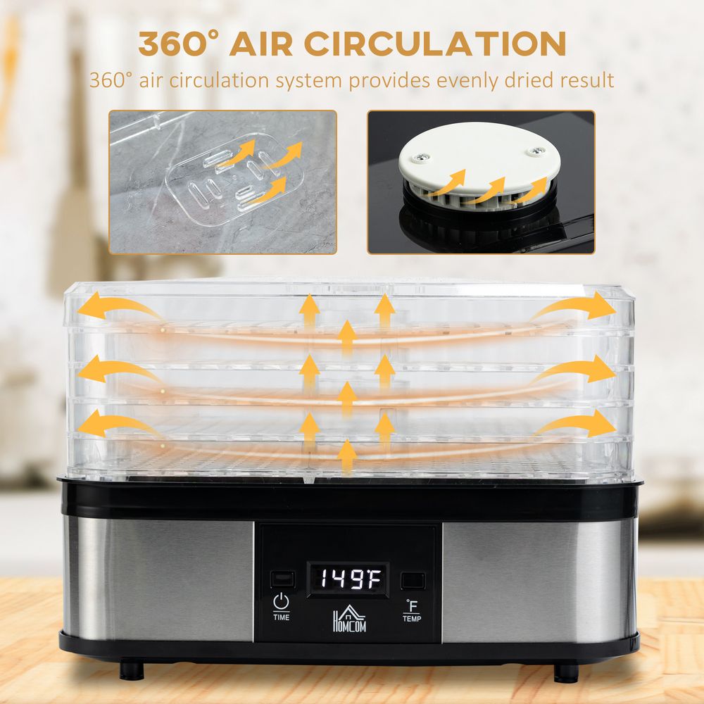 5 Tier Food Dehydrator 245W Stainless Steel Food Dryer Machine Timer LCD Silver