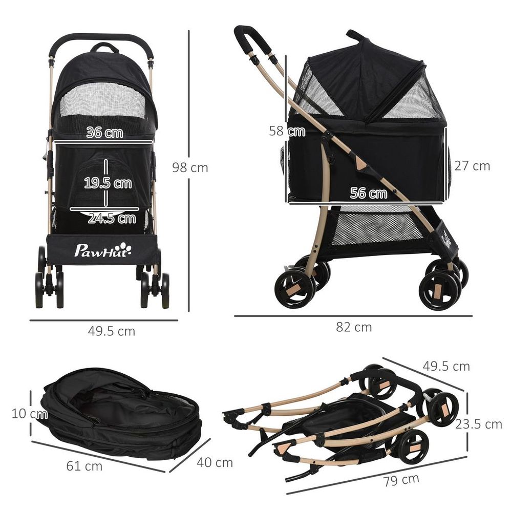 PawHut 3 In 1 Pet Stroller, Detachable Dog Cat Travel Carriage - Black