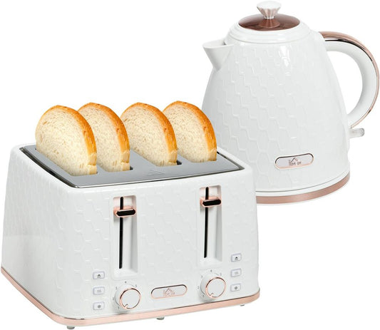 HOMCOM 1.7L Kettle and Toaster Set with Defrost, Reheat and Crumb Tray, White