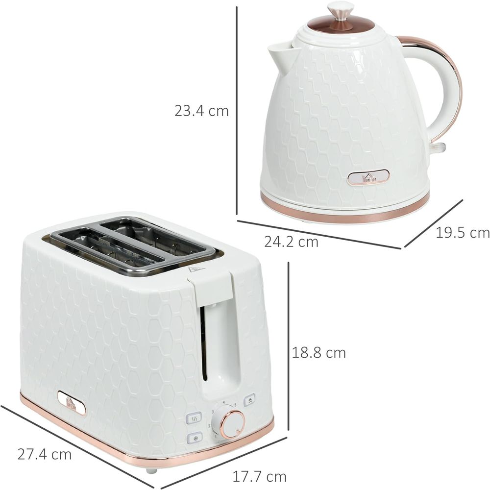 HOMCOM Kettle and Toaster Set 1.7L Fast Boil Kettle & 2 Slice Toaster Set White