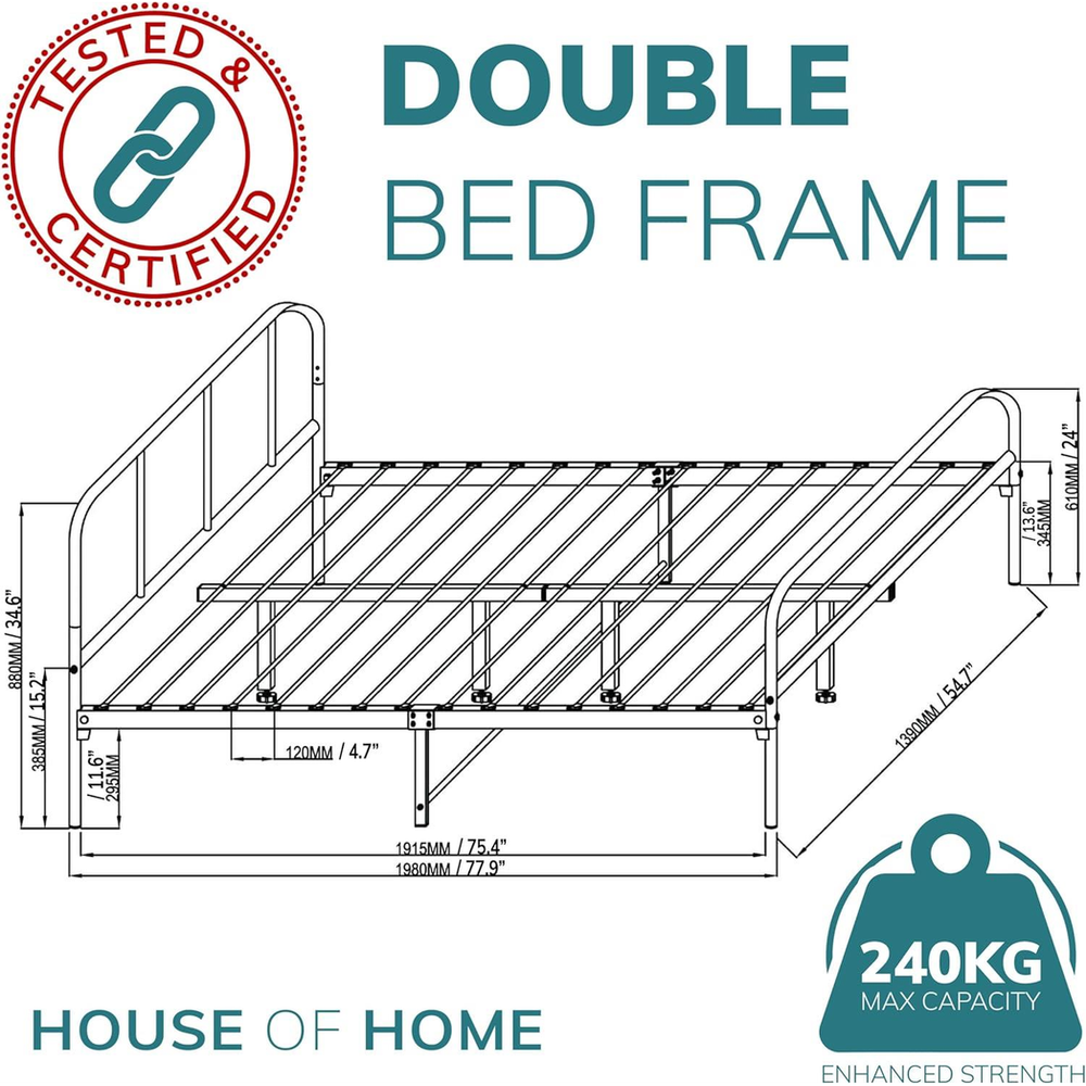 Extra Strong Double Metal Bed Frame with Rounded Head and Foot Board In Black - Improved