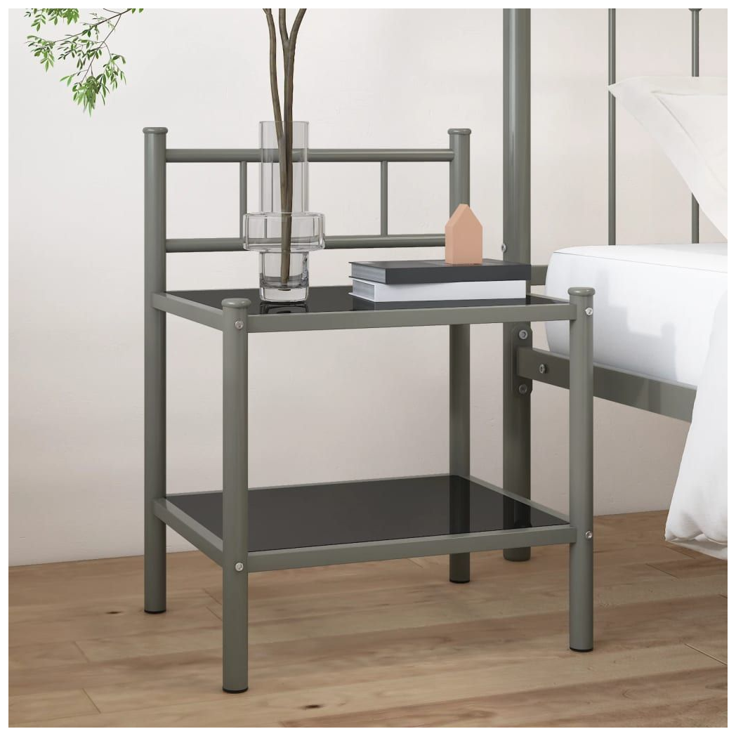 vidaXL Bedside Cabinet Grey and Black 45x34.5x60.5 cm Metal and Glass