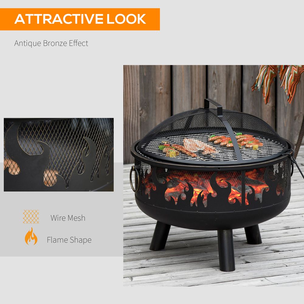 2-in-1 Outdoor Fire Pit with Cooking Grate Steel BBQ Grill Spark Screen Cover