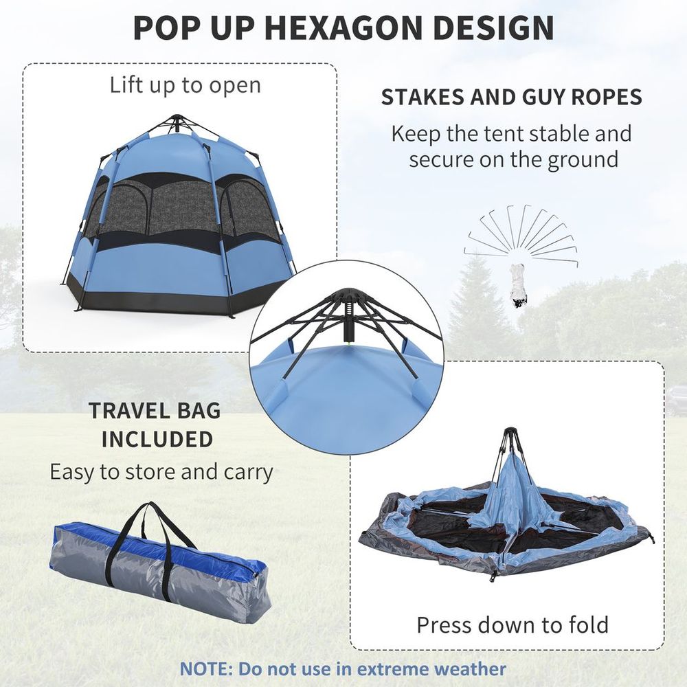 Outsunny 4 Person Pop Up Tent Camping Festival Hiking Shelter Family Blue&Black