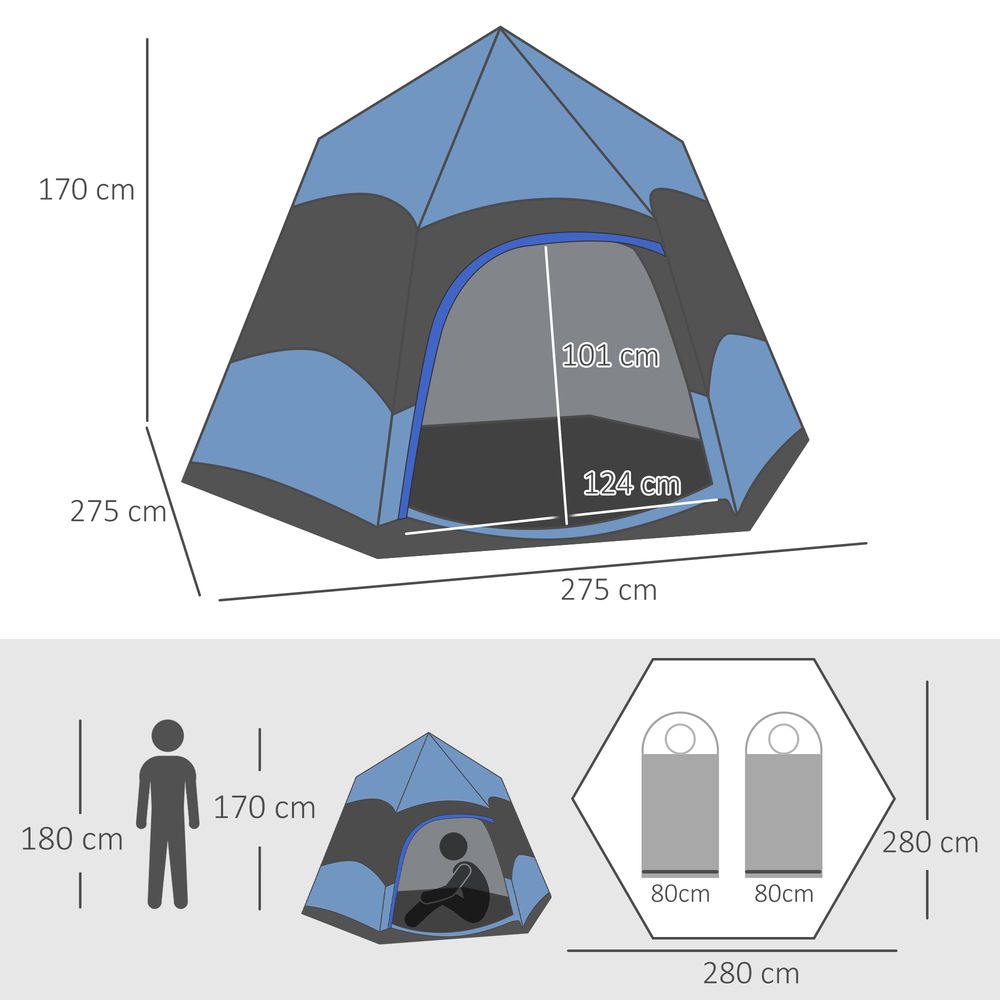 Outsunny 4 Person Pop Up Tent Camping Festival Hiking Shelter Family Blue&Black