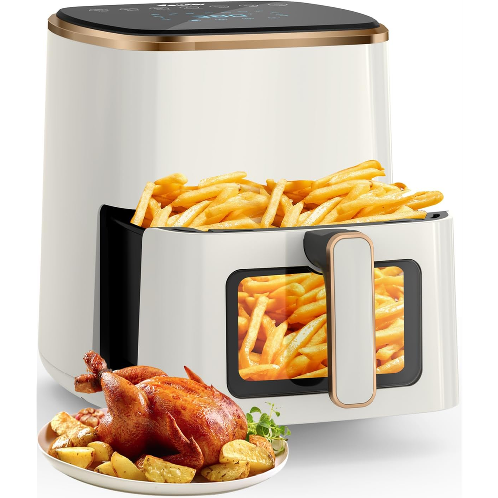 Air Fryer, VEWIOR 5.3Qt Airfyer with Viewing Window, 7 Custom Presets Large Air Fryer Oven with Smart Digital Touchscreen,Non-stick and Dishwasher-Safe Basket, Kitchen Tongs, Rack with Skewers