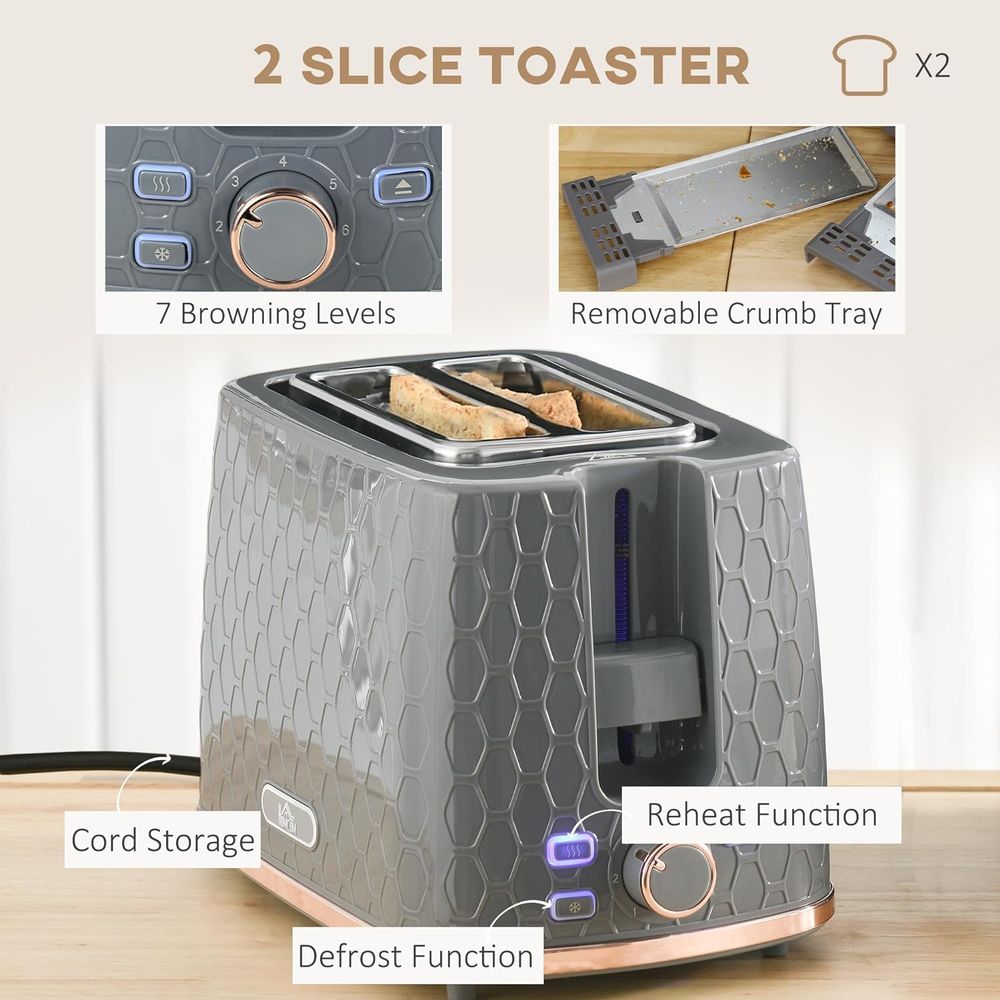 HOMCOM Kettle and Toaster Set 1.7L Fast Boil Kettle & 2 Slice Toaster Set Grey