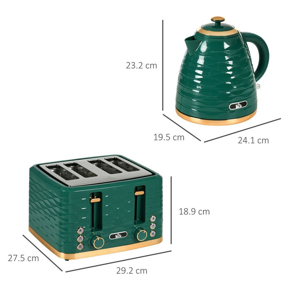 HOMCOM Kettle and Toaster Set 1.7L Rapid Boil Kettle & 4 Slice Toaster Green