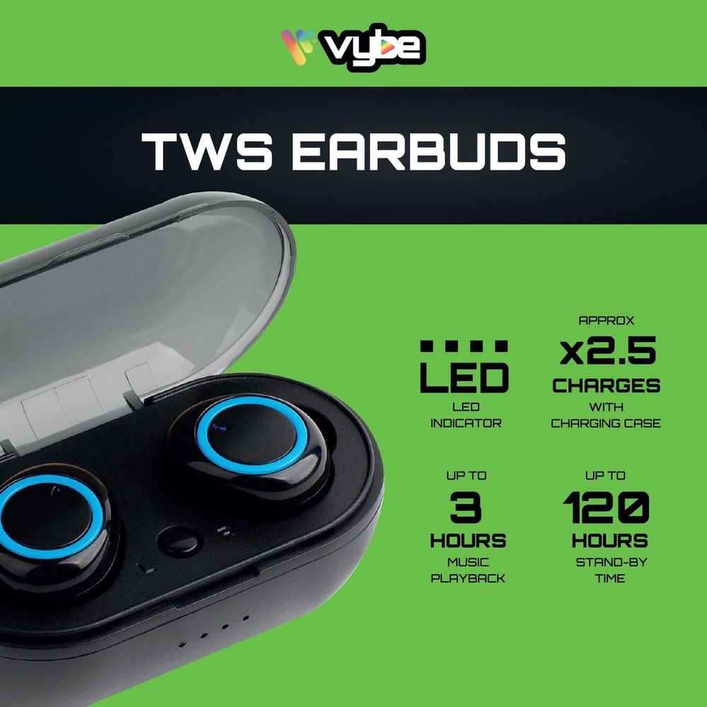 Vybe TWS Earbuds with 3H Music Playback, Charging Case and LED Indicator - Black