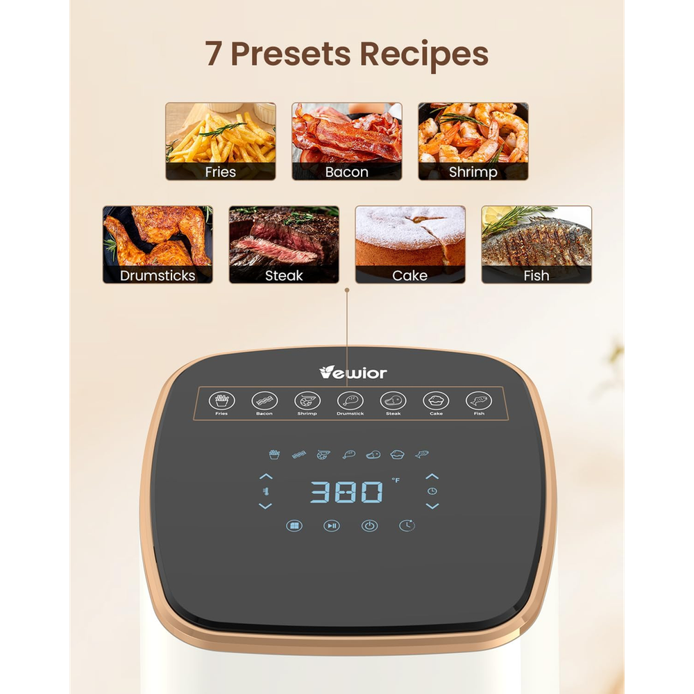 Air Fryer, VEWIOR 5.3Qt Airfyer with Viewing Window, 7 Custom Presets Large Air Fryer Oven with Smart Digital Touchscreen,Non-stick and Dishwasher-Safe Basket, Kitchen Tongs, Rack with Skewers