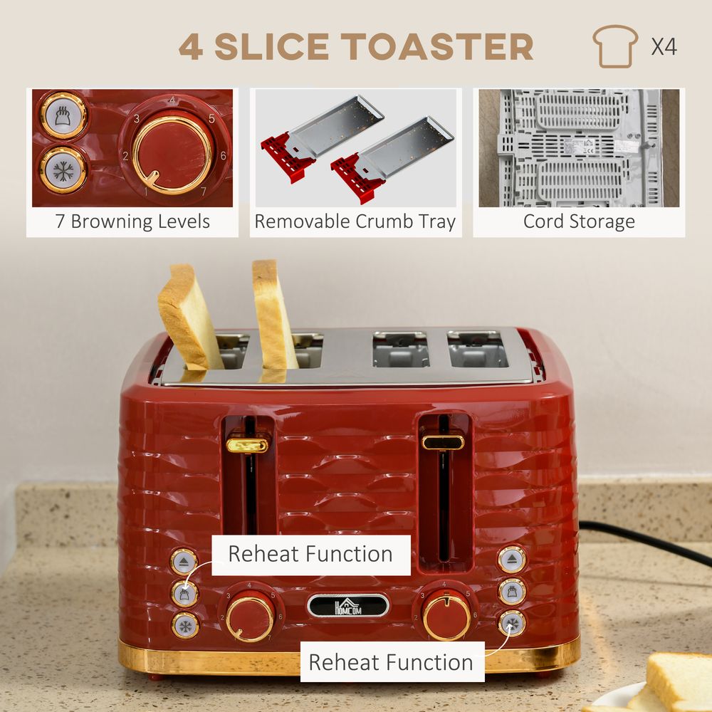 HOMCOM Kettle and Toaster Set 1.7L Rapid Boil Kettle & 4 Slice Toaster Red