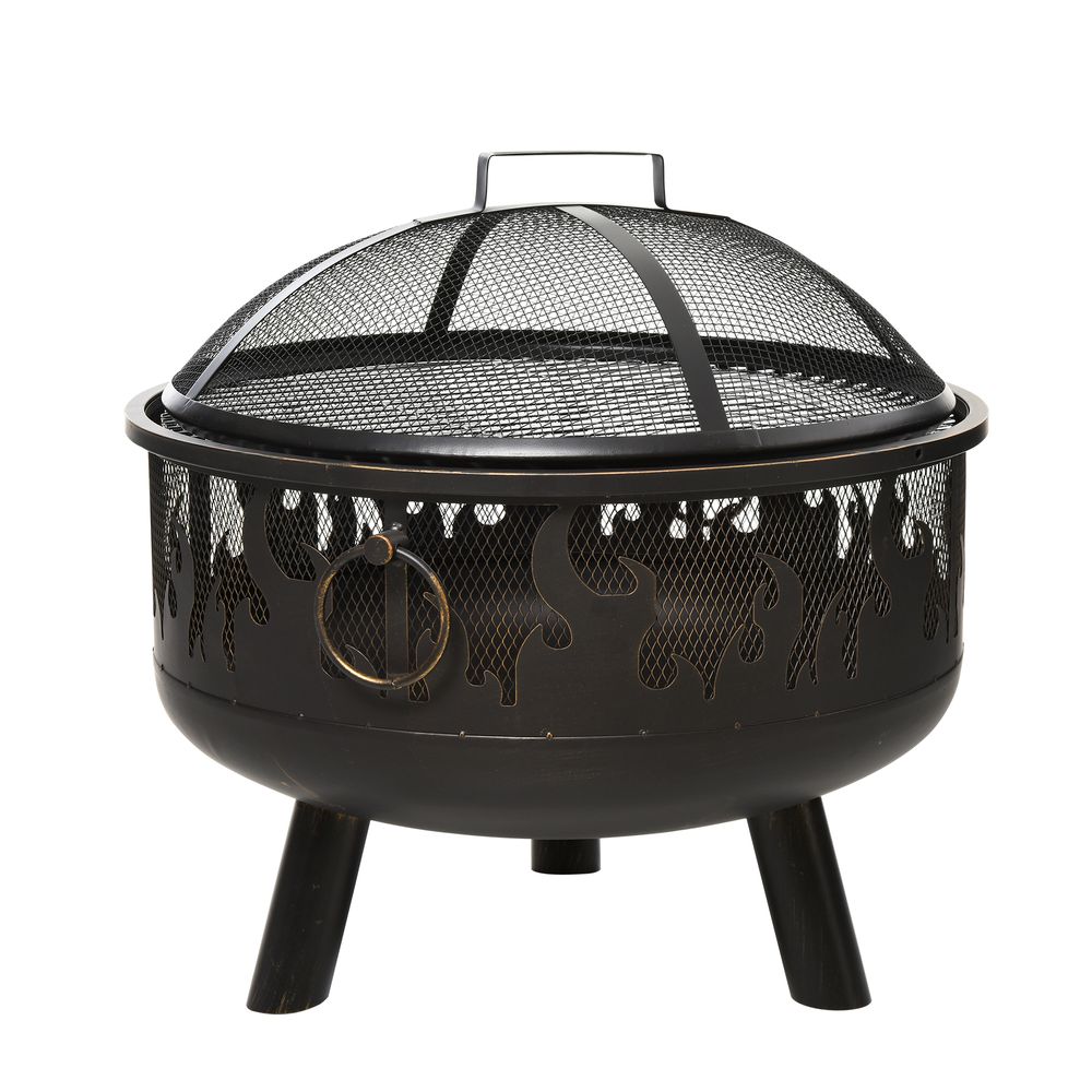 2-in-1 Outdoor Fire Pit with Cooking Grate Steel BBQ Grill Spark Screen Cover