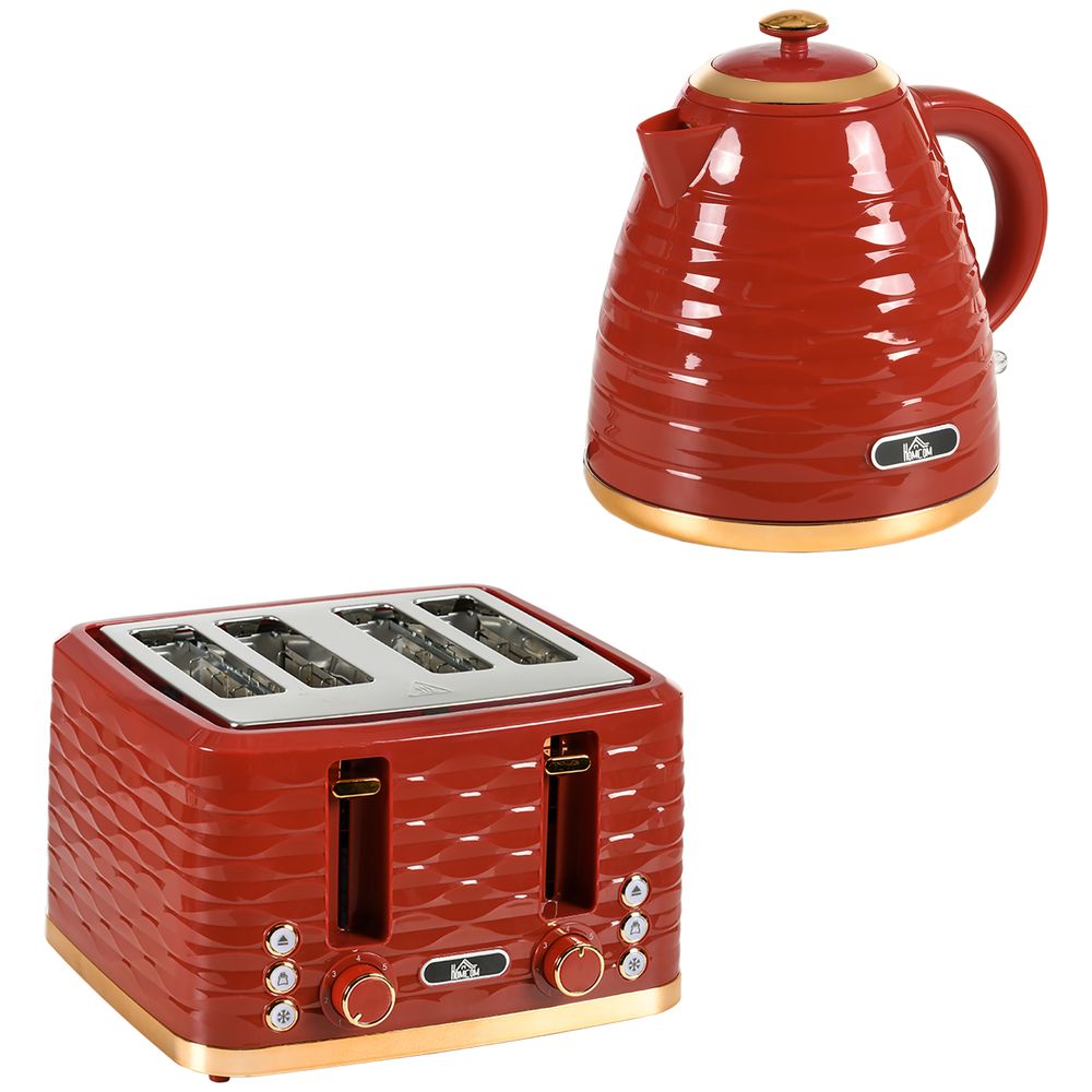 HOMCOM Kettle and Toaster Set 1.7L Rapid Boil Kettle & 4 Slice Toaster Red